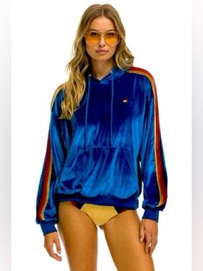 Aviator Nation 🌅 $250 NWOT Relaxed Velvet Hoodie in Vintage Blue 🌊 Size Small